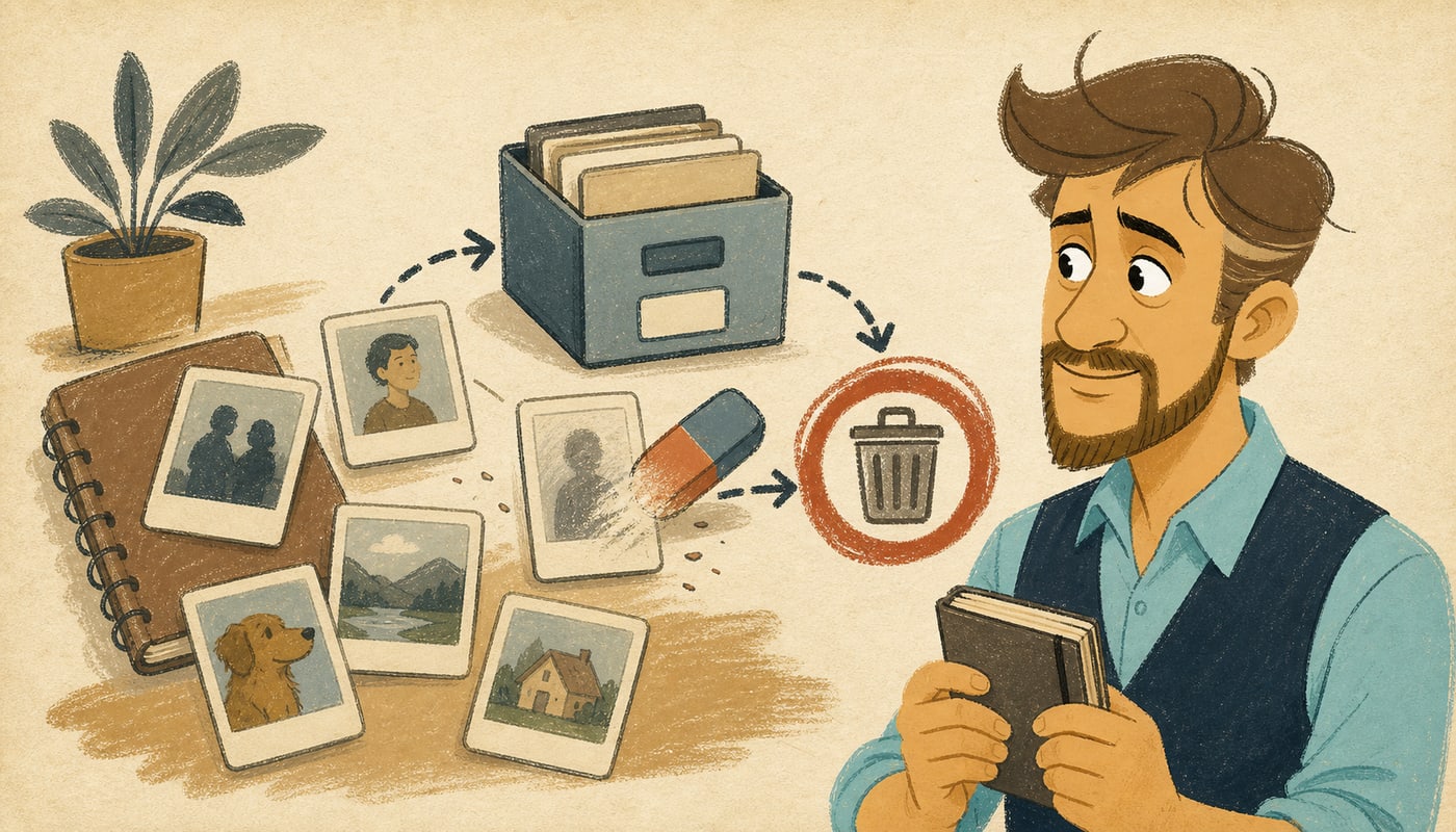 Illustration of the Biographer advisor organizing memory cards with one card being erased.