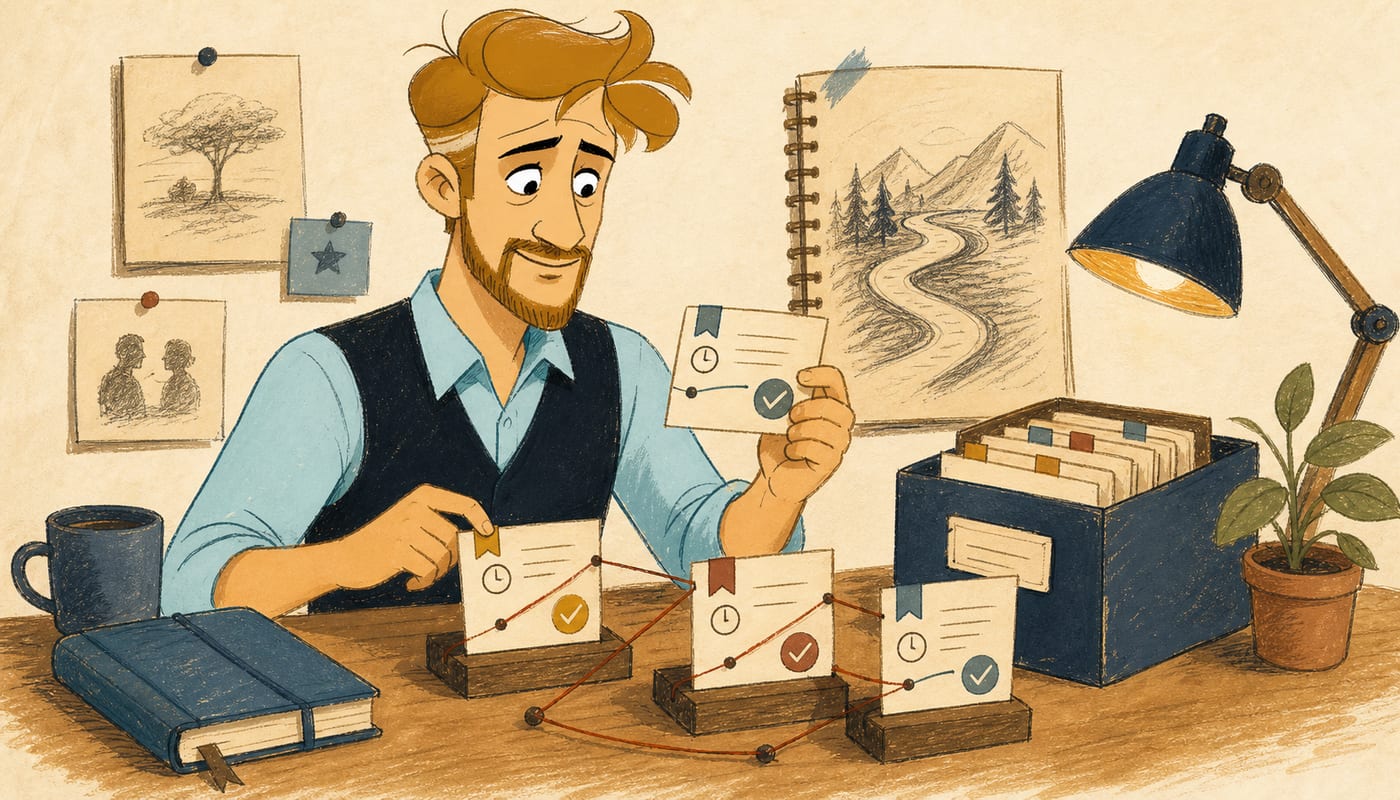 Illustration of the Biographer advisor arranging memory cards with source, time, and trust markers beside an archive box.