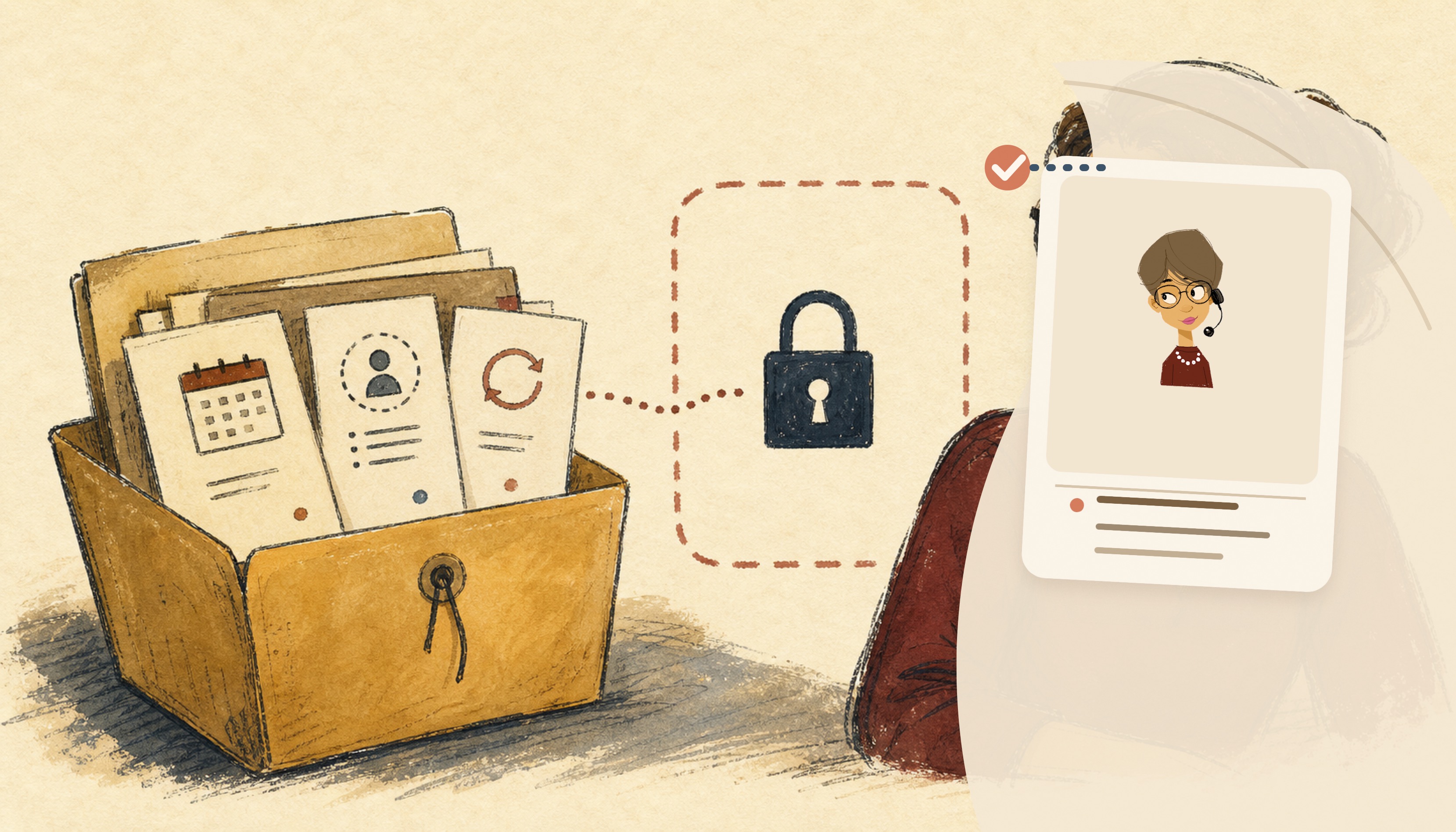 Illustration of the Personal Assistant beside a folder of permission receipts and a marked privacy boundary.