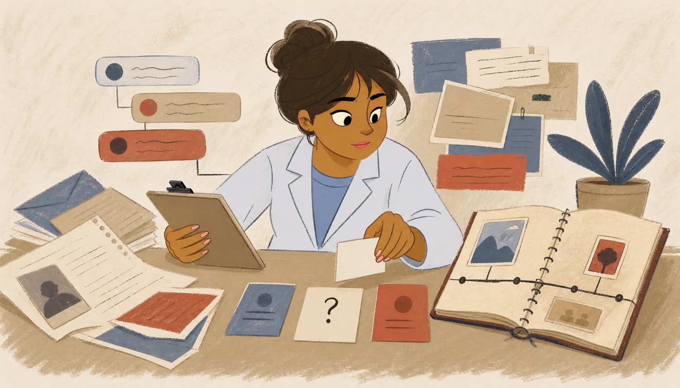 Illustration of the Data Scientist advisor sorting personal records while a notebook turns a few into a simple timeline.