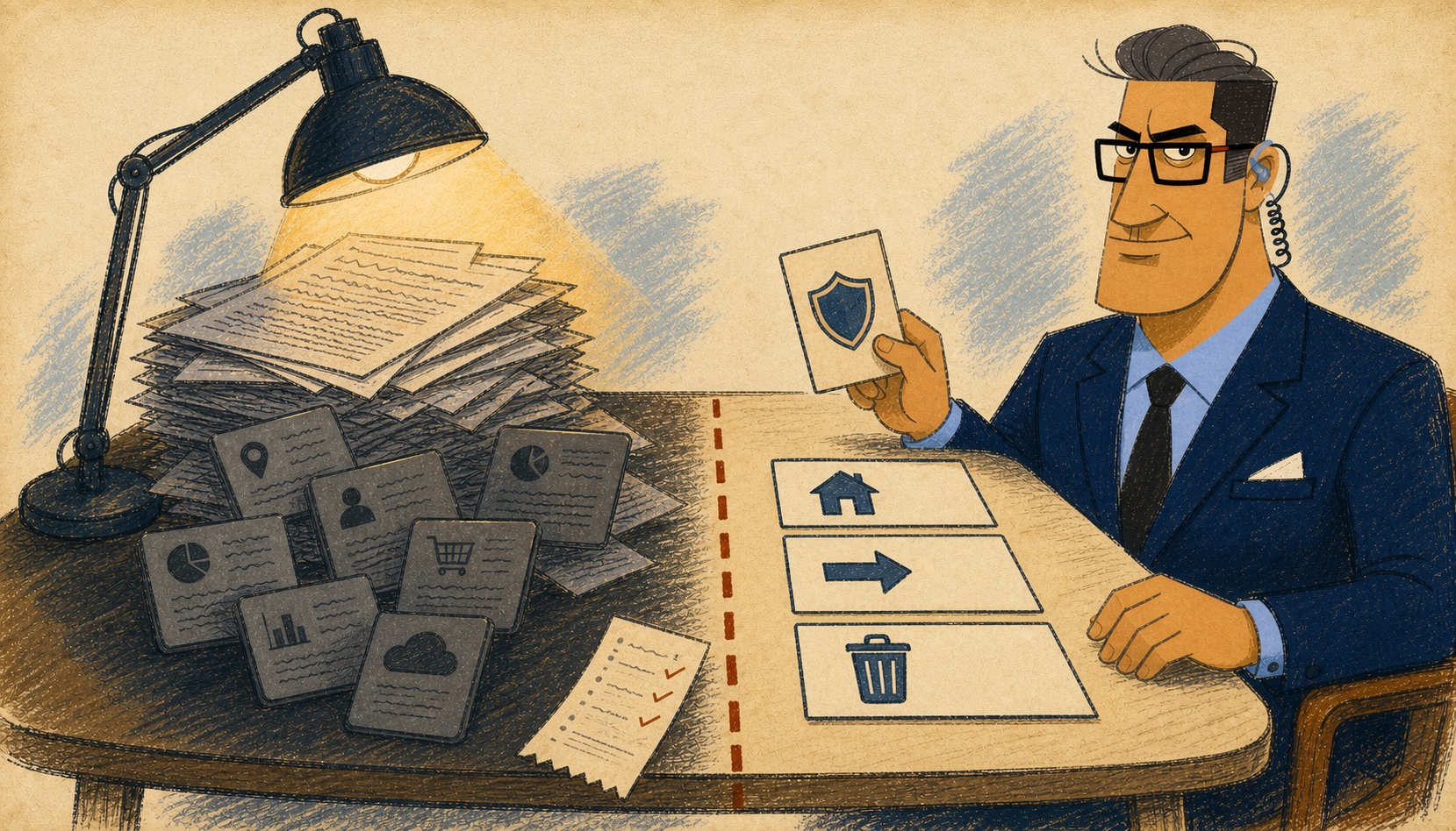 Illustration of the Head of Security advisor separating opaque data papers from clear local, sharing, and deletion controls.