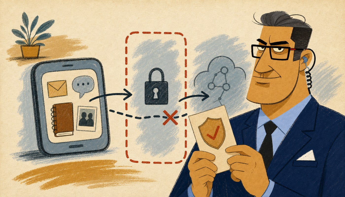 Illustration of the Head of Security advisor watching a device boundary between local data and an AI system.