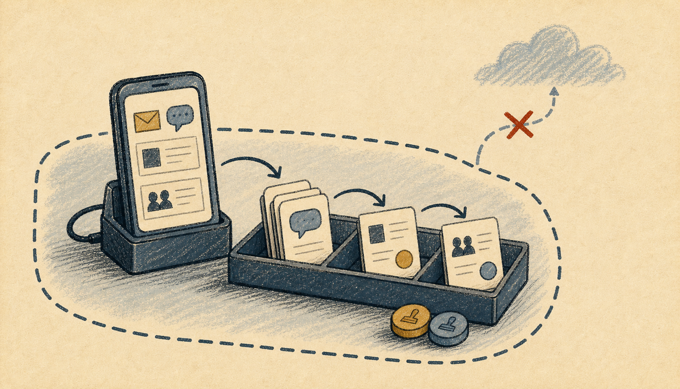 Illustration of private message cards being sorted and stamped inside a local device boundary while an outside upload route is blocked.