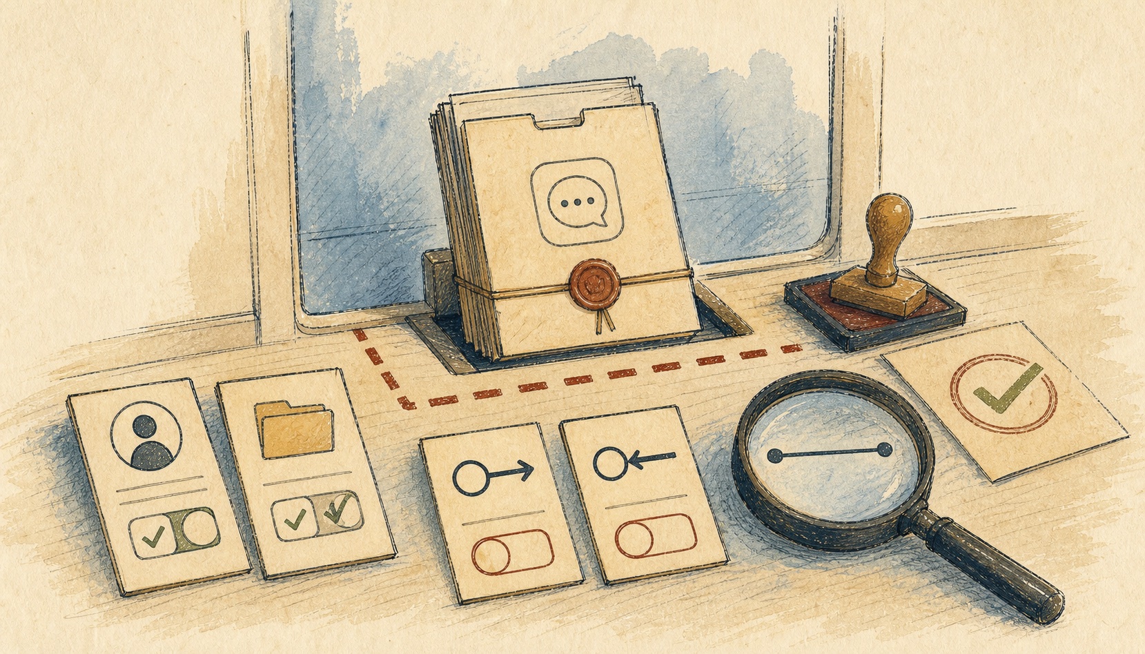 Illustration of an app bundle passing through a privacy review checkpoint with permission slips and unchecked network cards.