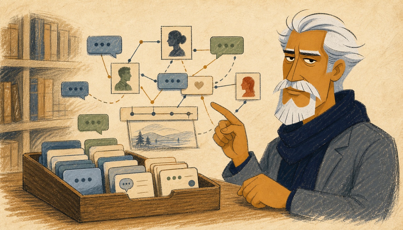 Illustration of Sensei beside an archive tray of message cards connected into a small relationship map.