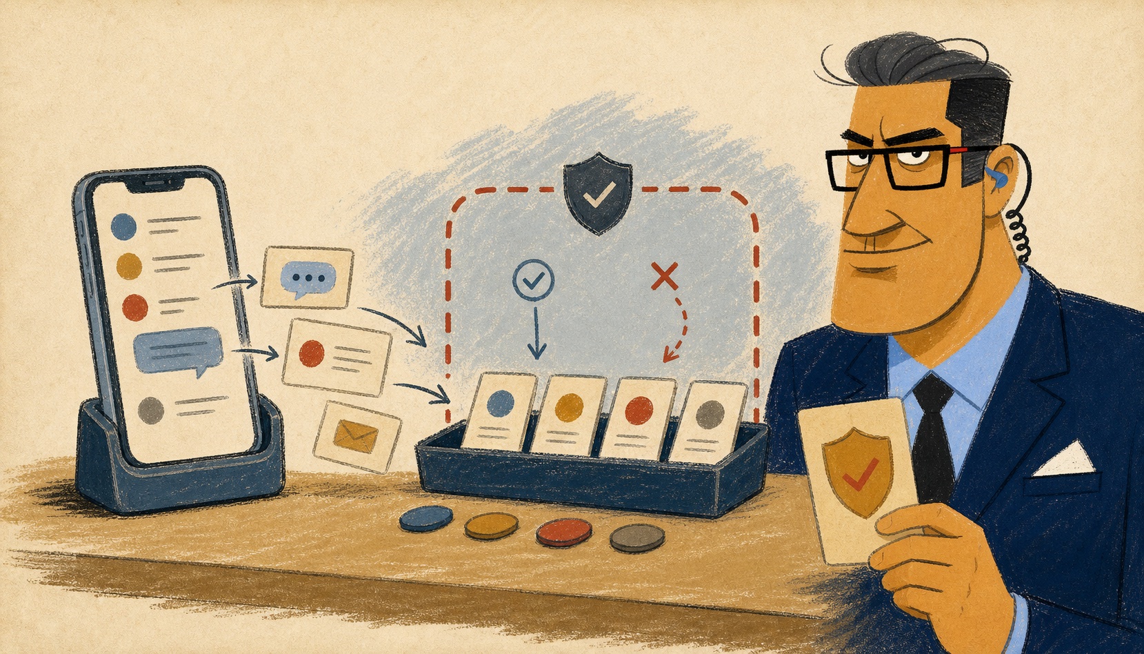 Illustration of the Head of Security advisor watching private message cards move from a phone dock into a local sorting tray.
