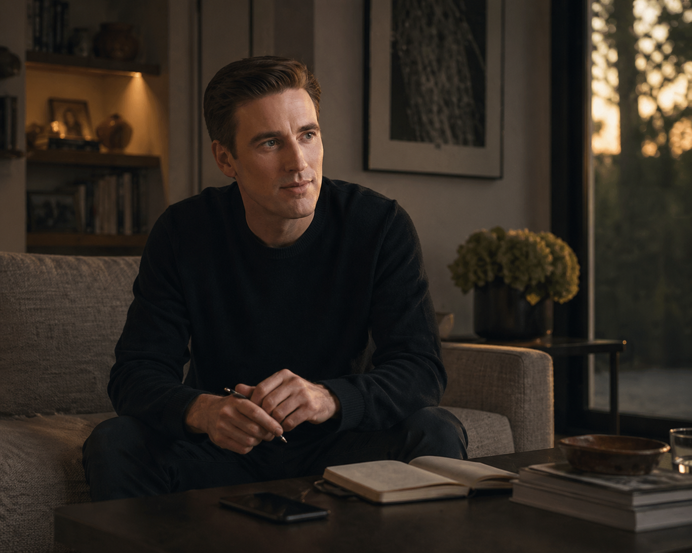Person seated on a sofa with notebook and phone, in a quiet home setting.